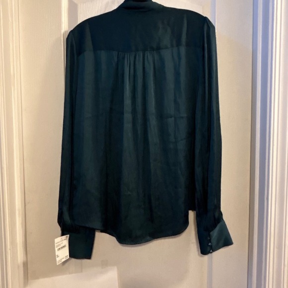 PAIGE Cleobelle Emerald Green Satin Tie Neck Button Front Blouse Medium - Picture 2 of 9